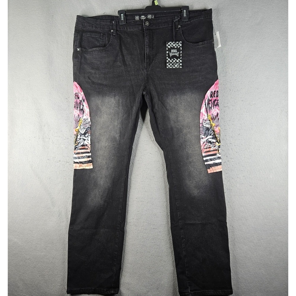 Rebel Vengeance Jeans Mens 44x30 Black Dark Wash Straight Stretch Punk Rock NEW